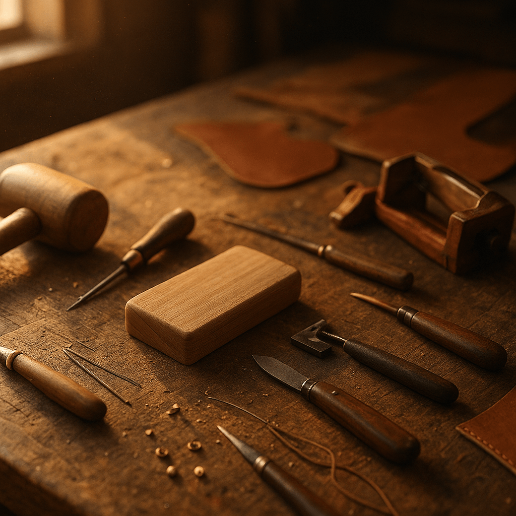 Werkbank mit Leder- und Holzarbeiten